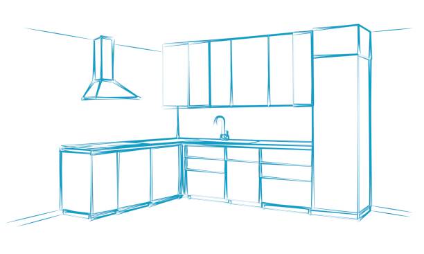 istock Hand drawn kitchen furniture. Vector illustration. Sketch drawn by a blue pen. 674787408