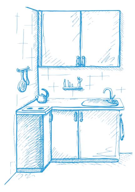 istock Hand drawn kitchen furniture. Vector illustration. Sketch drawn by a blue pen. 674787414