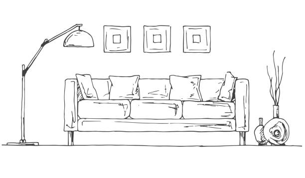 lineare skizze des innenraums. teil des raumes. handgezeichnete vektor-illustration eines skizze-stils. - teppichboden couch stock-grafiken, -clipart, -cartoons und -symbole