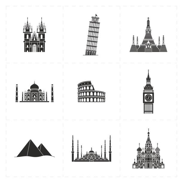 ilustrações de stock, clip art, desenhos animados e ícones de nine flat landmark icons - coliseum italy rome istanbul