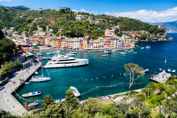 A famous harbour of Portofino, elevated view, Liguria, Italy, Europe