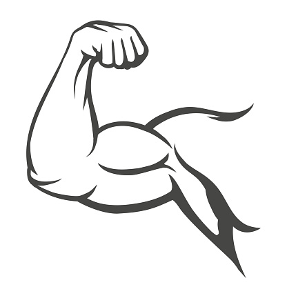 Bodybuilder muscle flex arm vector illustration. Strong macho biceps gym flexing hand vector icon isolated on white background