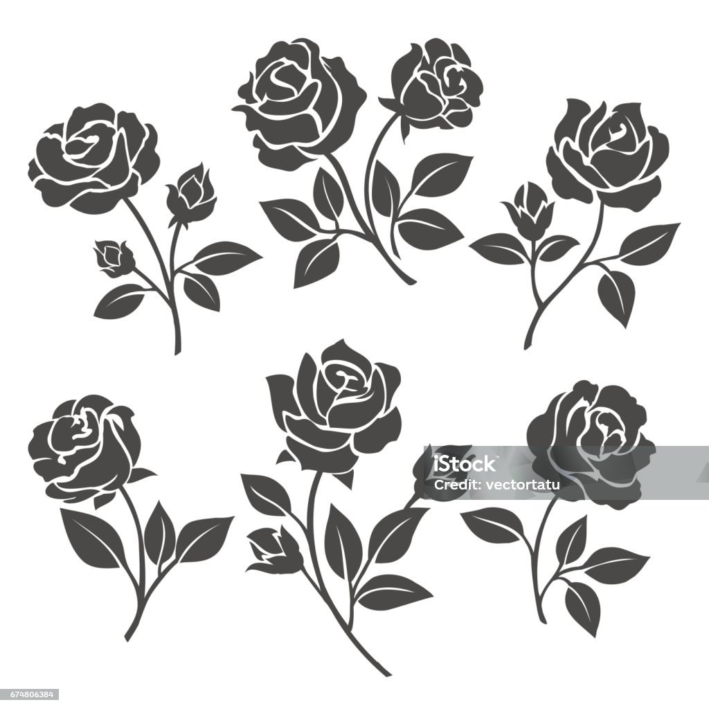 Rose silhouettes decorative set Rose silhouettes vector illustration. Black buds and stems of roses stencils isolated on white background Rose - Flower stock vector