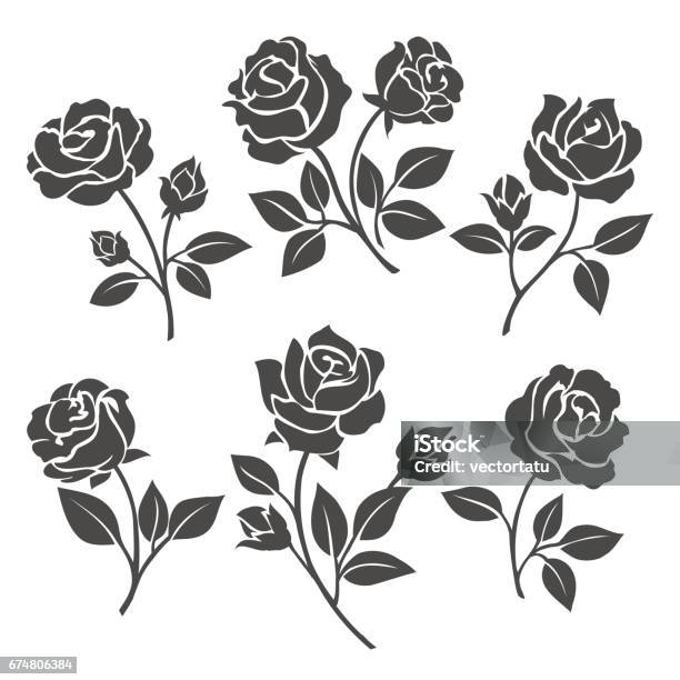 Rose Silhouettes Decorative Set Stock Illustration - Download Image Now - Rose - Flower, Vector, Simplicity