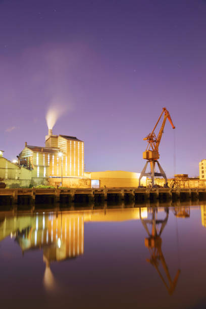 View at evening of the Nervion river near the city of Bilbao, Basque Country, Spain. Industrial port area with crane and factory in the district of Zorroza.