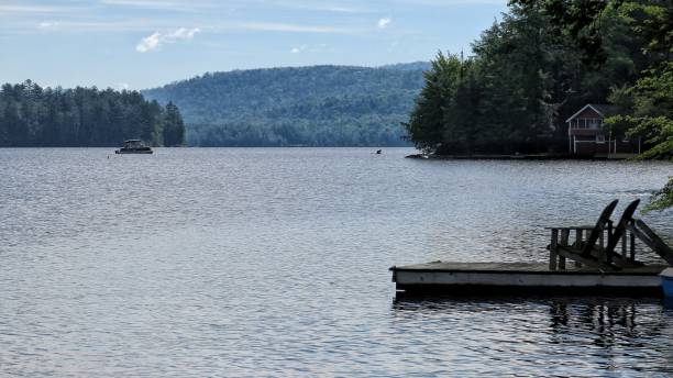 istock Adirondack Racquette Lake Landscape, Dock, Adirondack Chairs, Mountains 674820918