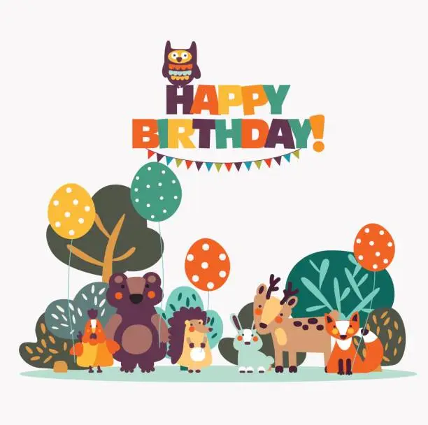 Vector illustration of Birthday card with cute animals and balloons