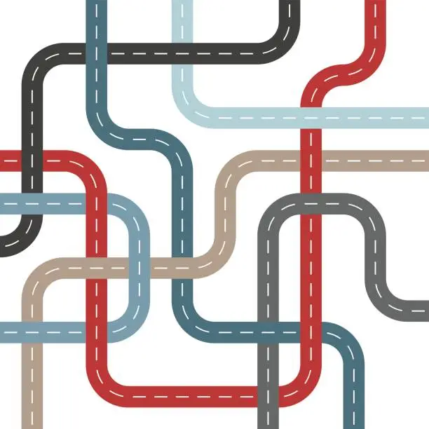 Vector illustration of Colored Roads and Streets with Intersections Threaded Weave Pattern