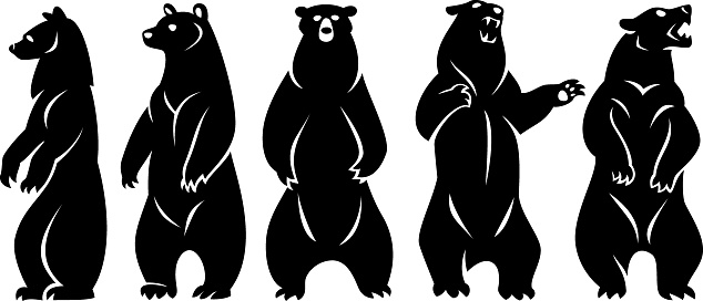 Five Stand-alone Bears. Black silhouette. Isolated on a white background