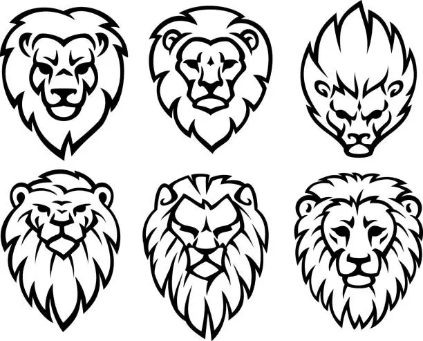 Vector illustration of Six lion heads