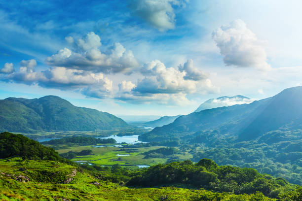 Lakes of Killarney along the Ring of Kerry, County Kerry, Ireland View from the scenic point called Ladies View. county kerry photos stock pictures, royalty-free photos & images