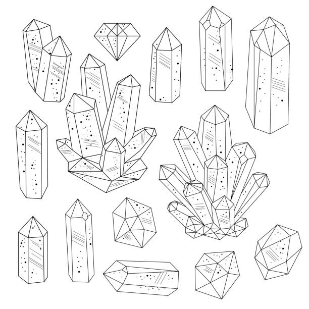 Gems, crystals line art vector Set of crystals gemstones in black and white. Line art style. Isolated objects. Vector illustration. crystal stock illustrations