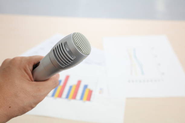 istock Close up old microphone in conference room 674891948