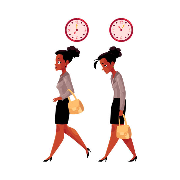 Black, African American businesswoman going to work and back home Young black, African American businesswoman going to work and back home tired, exhausted, cartoon vector illustration isolated on white background. Black businesswoman in the morning and evening time african american soldier stock illustrations