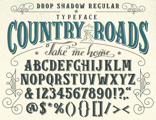 Country roads handcrafted retro typeface Country roads, take me home. Handcrafted retro drop shadow regular typeface. Vintage font design, handwritten alphabet cowboy stock illustrations