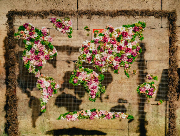 istock World map of flowers. Flowers on grid 674899352