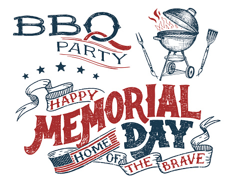 Memorial Day barbecue party greeting card. Hand lettering cookout BBQ party invitation. Sketch of barbecue charcoal kettle grill with tools. Vintage typography illustration isolated on white