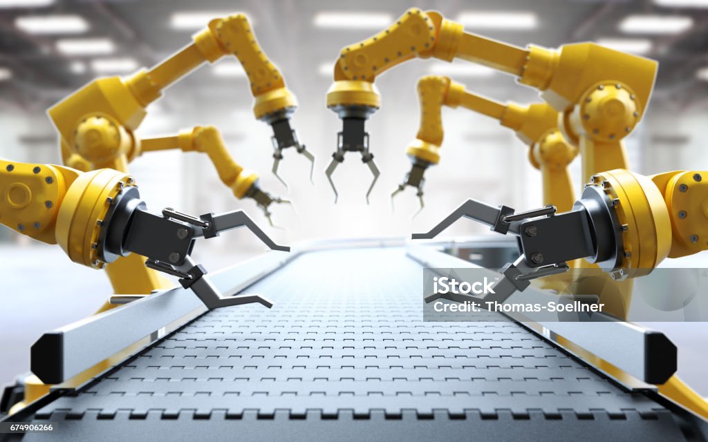 Industrial robotic arms Industrial robotic arms with empty conveyor belt 3D rendering Robot Stock Photo