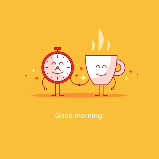 ilustraciones, imágenes clip art, dibujos animados e iconos de stock de buenos dias, feliz nuevo día, pausa tiempo de té, bebida de desayuno caliente - reloj cuco