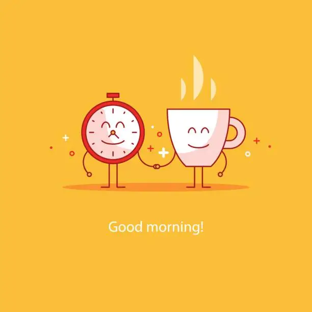 Vector illustration of Good morning, new happy day, hot tea time break, breakfast drink