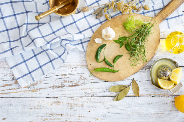 istock Spices and herbs on wooden background 674920226