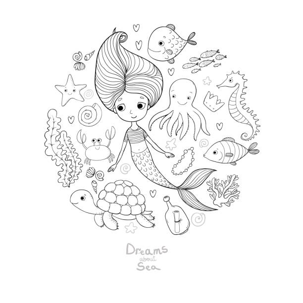 ilustraciones, imágenes clip art, dibujos animados e iconos de stock de conjunto de ilustraciones de marina. sirena de poco cute dibujos animados, divertidos peces, estrellas de mar, botella con una nota, las algas, varias conchas y cangrejos. tema del mar. - characters coral sea horse fish