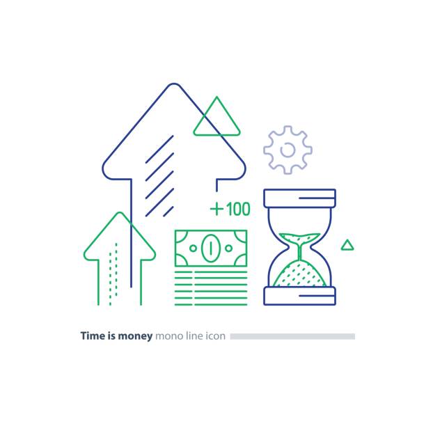 pakiet gotówkowy i szkło piaskowe, koncepcja czasu to pieniądz, ikony linii inwestycji finansowych - retirement pension hourglass concepts stock illustrations