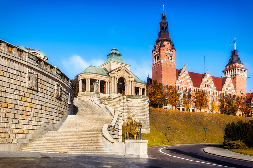 One of the most beautiful places in  Poland - Shafts Brave in Szczecin, Poland.   From here you can observe the vast panorama of the Odra River and the harbor.  Szczecin Voivodeship Office in the background. There is State property