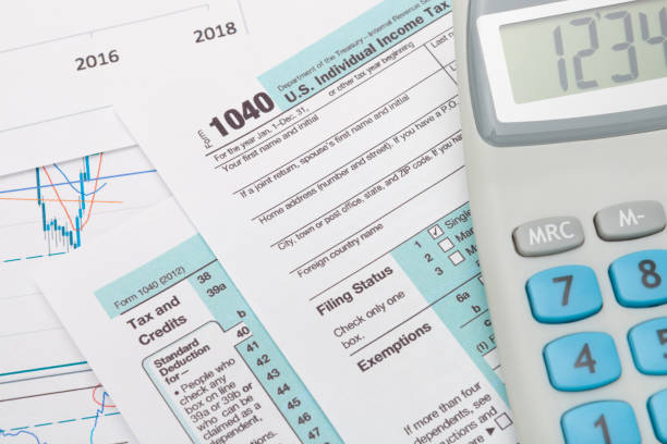 istock US 1040 Tax Form and calculator over it 674958936