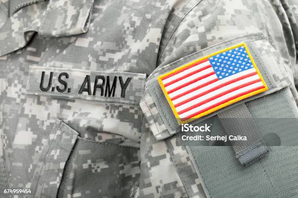 Close Up Studio Shot Of Usa Flag And Us Army Patch On Solders Uniform Stock Photo - Download Image Now