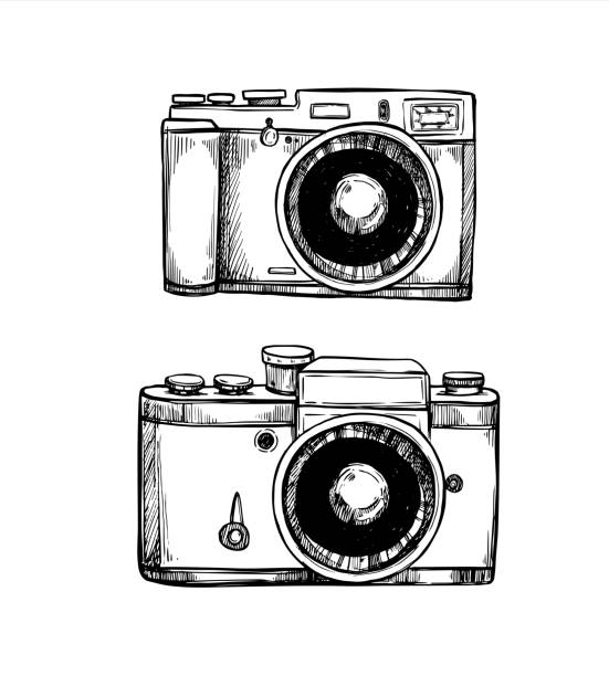 ilustrações de stock, clip art, desenhos animados e ícones de hand drawn vector illustrations. retro cameras collection. photographic equipment. perfect for invitations, greeting cards, posters, prints - pencil drawing flash