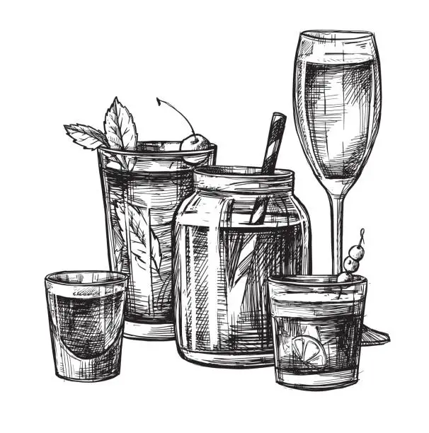 Vector illustration of Hand drawn vector illustration - Collection of alcoholic and non-alcoholic cocktails. Design elements in sketch style. Perfect for brochure, cafe flyer, bar menu and restaurant menu