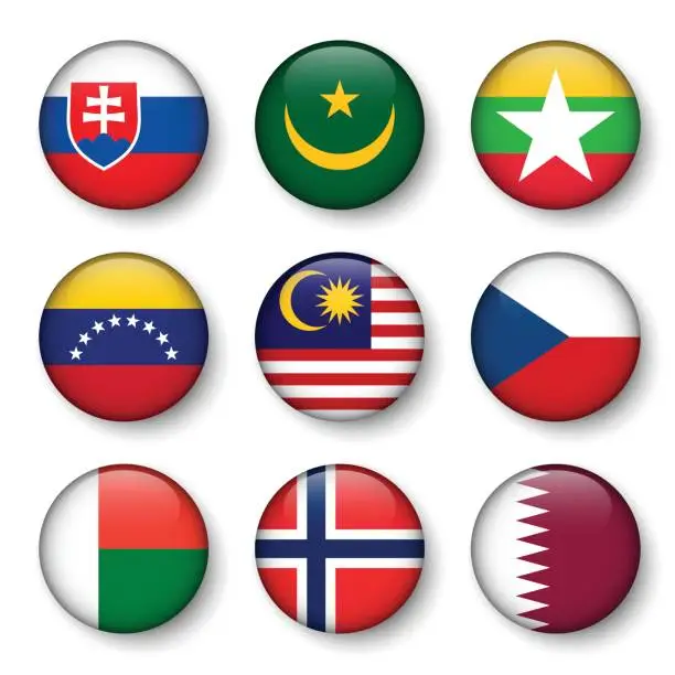 Vector illustration of Set of world flags round badges ( Slovakia . Mauritania . Myanmar . Venezuela . Malaysia . Czech . Madagascar . Norway . Qatar )