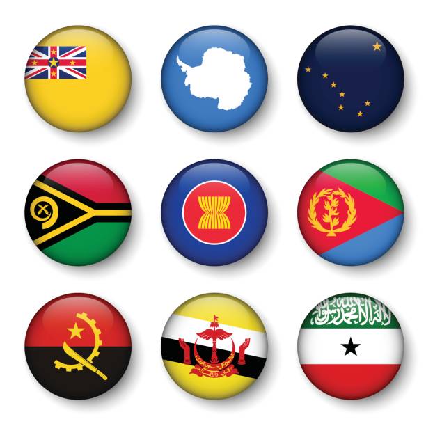 ilustrações de stock, clip art, desenhos animados e ícones de set of world flags round badges ( niue . antarctica . alaska . vanuatu . asean . eritrea . angola . brunei darussalam . somaliland ) - state of eritrea