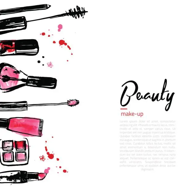 Vector illustration of Fashion Cosmetics background with make up objects lipstick, powder, brush. With place for your text. Glamour women style