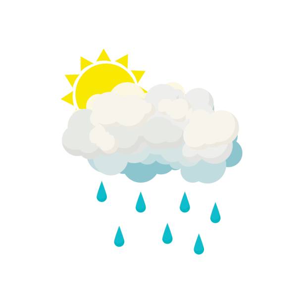 비 구름과 태양 아이콘, 만화 스타일 - rain sun sunlight cloud stock illustrations