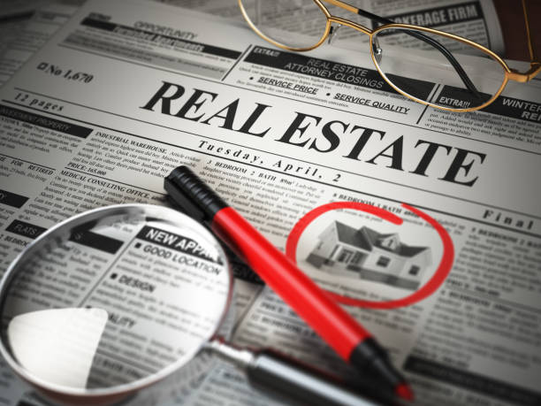 ilustrações de stock, clip art, desenhos animados e ícones de real estate classifieds ads newspaper  and magnifying glass. - real estate