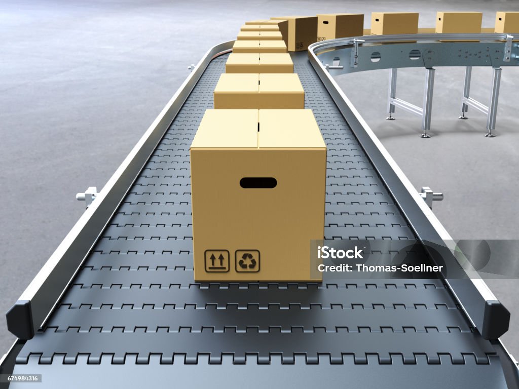 Cardboard boxes on conveyor belt Cardboard boxes on conveyor belt 3D rendering Conveyor Belt Stock Photo