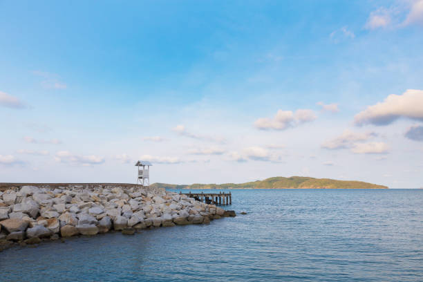 istock White lifeguard stand on seacoast skyline 674984832
