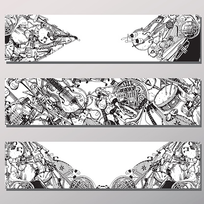 Vector Banners Set. Collection of Music Instruments. Hand drawn Black and White Illustration in Doodle Style.
