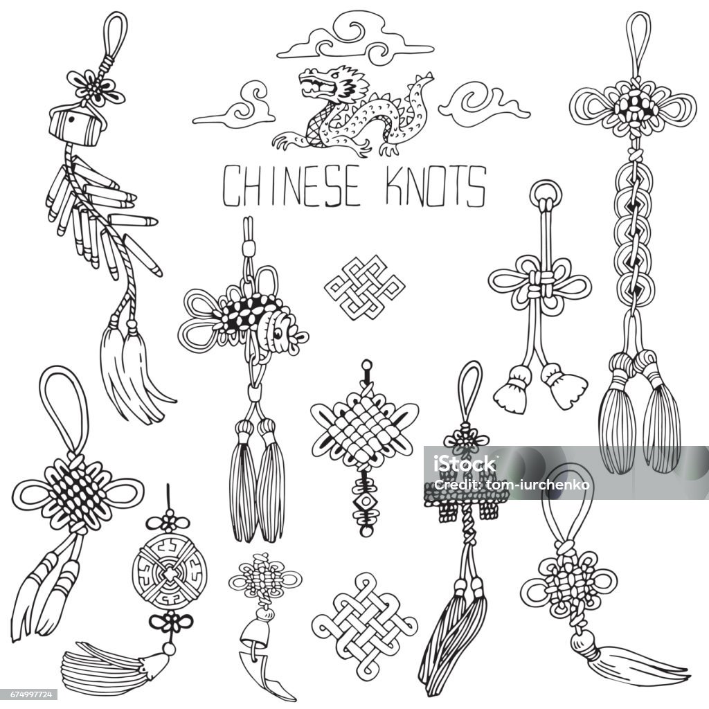 Chinese Knots Set Symbol Of Good Luck Hand Drawn Black And White  Illustration Stock Illustration - Download Image Now - iStock