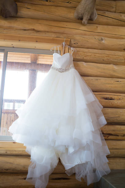 Bride Wedding Dress Hanging in Lodge Wedding dress of a bride hanging in a wood log cabin lodge style building. trophy wife stock pictures, royalty-free photos & images