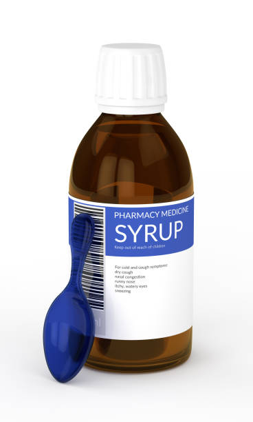 3d рендер сиропа с ложкой изолированы над белым - cough medicine spoon medicine liquid stock illustrations