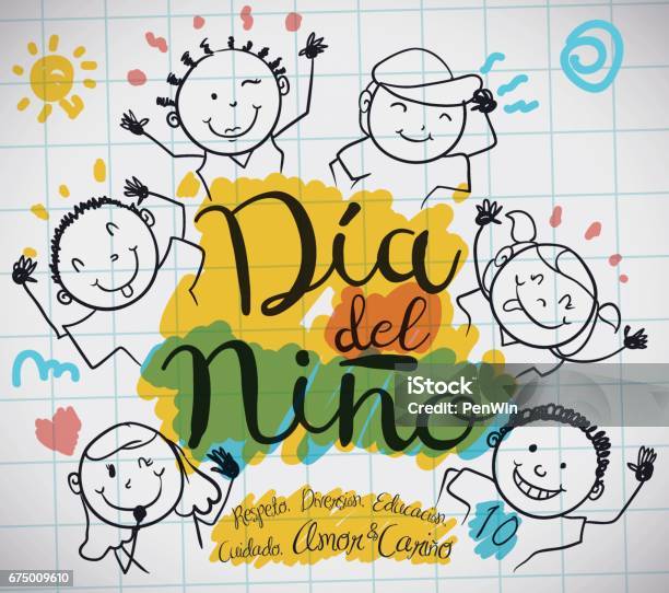  Ilustración de Hoja De Papel Con Niños Dibujo Para El Día De Los Niños Españoles y más Vectores Libres de Derechos de Día del niño