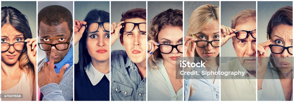 Multiethnic group of hard to please people men and women skeptically looking at you Eyeglasses Stock Photo