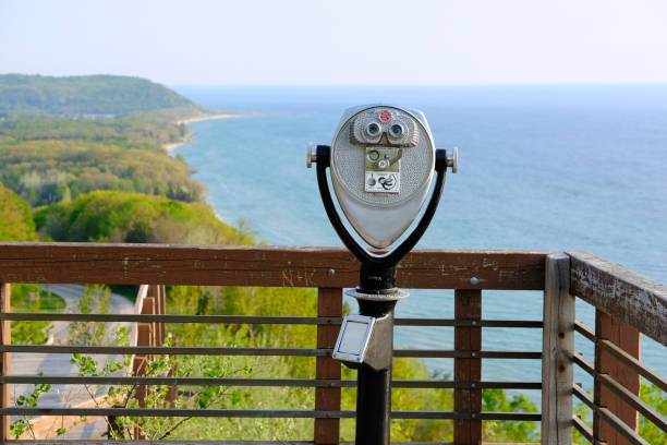Tourist binoculars at Lake Michigan overlook near Arcadia, MI, USA
