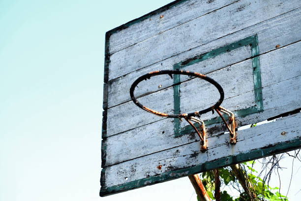 istock old basketball hoop with blue sky background 675017160