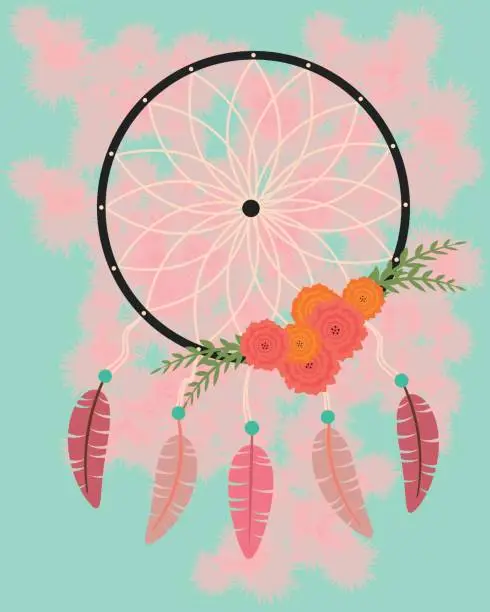 Vector illustration of DREAMCATCHER WITH FLOWERS AND WATERCOLOR BACKGROUND