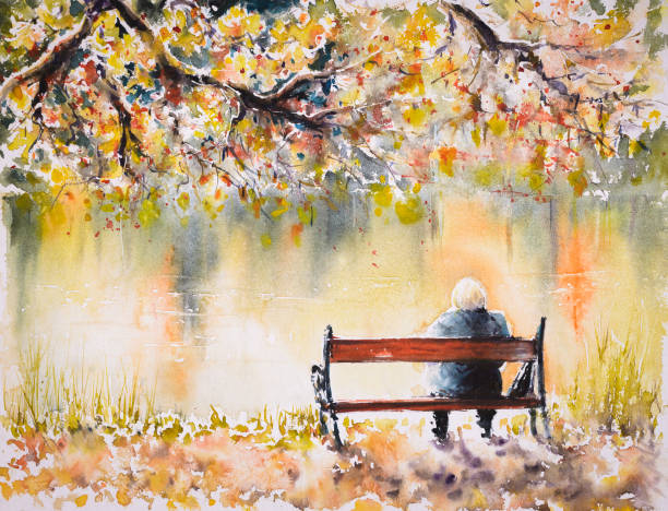 Woman on a bench Lonely senior woman sitting on a bench by the autumn lake.
 sad old woman stock illustrations