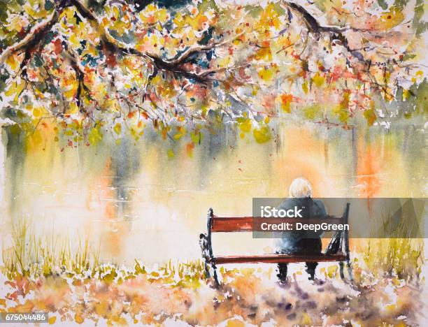 Woman On A Bench Stock Illustration - Download Image Now - Senior Adult, Watercolor Painting, Landscape - Scenery